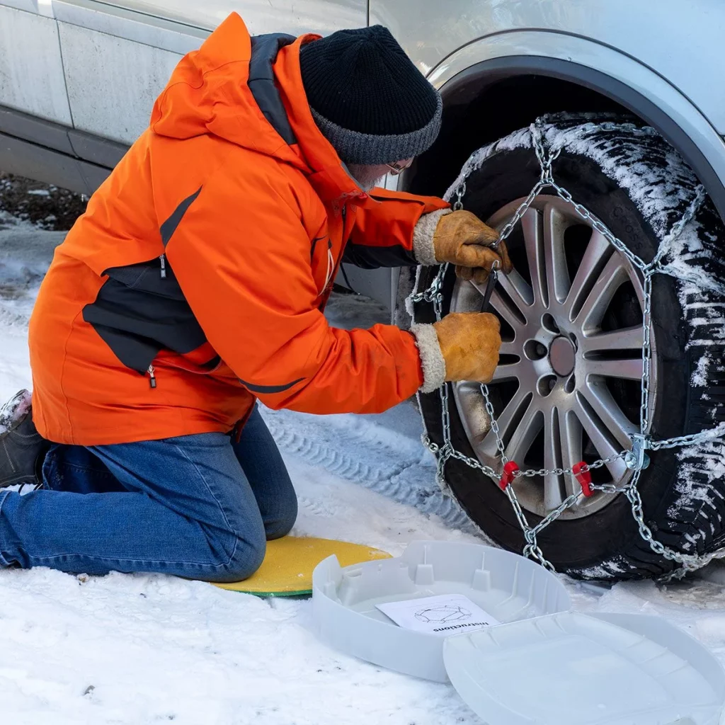 Install skid chains or snow tires